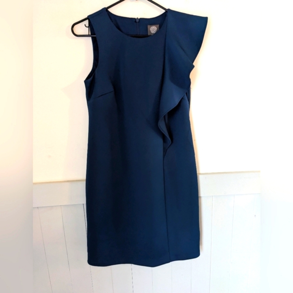 Vince Camuto Blue Asymmetrical Ruffled Sheath Dress
